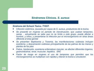 Síndromes Clínicos.  S. aureus Síndrome del Schock Tóxico. T1SST. Infección sistémica, causada por cepas de S. aureus, productores de la toxina.  Se presentó en mujeres en periodo de menstruación, que usaban tampones, sanas. , actualmente se sabe que no se limita a este grupo, puede afectar a hombre, y niños, y presentarse la infección por el microorganismo en otras áreas diferente al área genital Se presentan Septicemia y Toxemia, las manifestaciones cutáneas incluyen exantema, y descamación cutáneas principalmente de las palmas de las manos y plantas de los pies Fiebre, hipotensión, exantema eritematoso macular, se afectan diferentes órganos, gastrointestinal, renal, muscular, hepático,  SNC Factor de riesgo en mujeres el uso de tampones que permiten que los microorganismos se multiplican con rapidez y liberan la toxina a circulación 