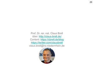 29
Prof. Dr. rer. nat. Claus Brell
über: http://claus-brell.de/
Content: https://cbrell.de/blog
https://twitter.com/clausb...