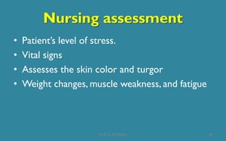 Nursing assessment
• Patient’s level of stress.
• Vital signs
• Assesses the skin color and turgor
• Weight changes, muscle weakness, and fatigue
20Prof. Dr. RS Mehta
 