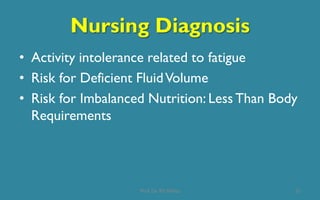 Nursing Diagnosis
• Activity intolerance related to fatigue
• Risk for Deficient FluidVolume
• Risk for Imbalanced Nutrition: Less Than Body
Requirements
21Prof. Dr. RS Mehta
 
