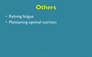 Others
• Reliving fatigue
• Maintaining optimal nutrition
24Prof. Dr. RS Mehta
 