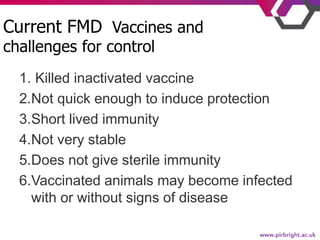 Current FMD Vaccines and
challenges for control
1. Killed inactivated vaccine
2.Not quick enough to induce protection
3.Sh...