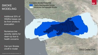 10Copyright © 2015 Risk Management Solutions, Inc..Copyright © 2015 Risk Management Solutions, Inc..
Cumulative Smoke Footprints
SMOKE
MODELING
• Additional 20% of
Wildfire losses can
be from smoke &
evacuation
• Numerous low
severity claims for
clean-up due to
health concerns
• Can turn Smoke
on/off in model
Highly Damageable Smoke
Moderate Damageable Smoke
2003 Cedar Fire
 