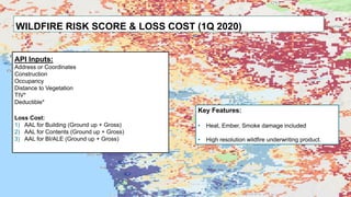11Copyright © 2015 Risk Management Solutions, Inc..
WILDFIRE RISK SCORE & LOSS COST (1Q 2020)
Key Features:
• Heat, Ember, Smoke damage included
• High resolution wildfire underwriting product.
API Inputs:
Address or Coordinates
Construction
Occupancy
Distance to Vegetation
TIV*
Deductible*
Loss Cost:
1) AAL for Building (Ground up + Gross)
2) AAL for Contents (Ground up + Gross)
3) AAL for BI/ALE (Ground up + Gross)
 
