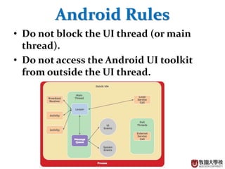 14
Android Rules
? Do not block the UI thread (or main
thread).
? Do not access the Android UI toolkit
from outside the UI thread.
 