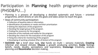 Participation in Planning health programme phase
(PHSD&PU….)
• Planning is a process of developing a detailed systematic and future – oriented
programme, which directs or sets the goals and takes action to reach the goal.
• Steps of community participation:
➢Collection of baseline data or information.
➢Identification of problems or needs and their prioritization
➢Setting the objectives of the programme
➢Deciding the target group of the program.
➢Finding the resources for the program
➢Selection of the methods and media for the program
➢Deciding the criteria for the evaluation of the program
➢Fixing the criteria for monitoring of the program
➢Developing of working schedule (Plan of Action) of the program
• SUCCEED: Set a brief clear task, Use hands on multi – sensory materials; Creating
informal and relaxed climate; Choose a growth producing activities; Evoke feelings
beliefs, needs, doubts, perceptions and aspirations; Encourage Creativity, analysis
planning and Decentralize decision making .
CHOD Draft Version 3 (Feedback Welcomed) 34
 