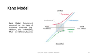 Kano Model
CHOD Draft Version 3 (Feedback Welcomed) 61
Kano Model: Requirement
prioritized on the basis of
customers preference (e.g..
Attractive, one – dimensional,
Must – be, Indifferent, Reverse)
 