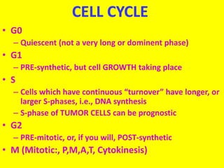 CELL CYCLE
• G0
– Quiescent (not a very long or dominent phase)
• G1
– PRE-synthetic, but cell GROWTH taking place
• S
– Cells which have continuous “turnover” have longer, or
larger S-phases, i.e., DNA synthesis
– S-phase of TUMOR CELLS can be prognostic
• G2
– PRE-mitotic, or, if you will, POST-synthetic
• M (Mitotic:, P,M,A,T, Cytokinesis)
 