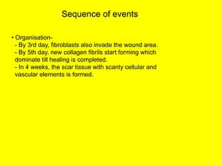Sequence of events
• Organisation-
- By 3rd day, fibroblasts also invade the wound area.
- By 5th day, new collagen fibrils start forming which
dominate till healing is completed.
- In 4 weeks, the scar tissue with scanty cellular and
vascular elements is formed.
 