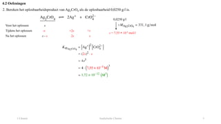 1 Chemie Analytische Chemie 3
4.2 Oefeningen
2. Bereken het oplosbaarheidsproduct van Ag2CrO4 als de oplosbaarheid 0,0250 g/l is.
Voor het oplossen x
Tijdens het oplossen
Na het oplossen
-s +2s
x - s
+s
0,0250 g/l
s = 7,55 × 10-5 mol/l
2s s
 