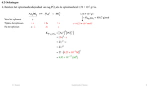 1 Chemie Analytische Chemie 4
4. Bereken het oplosbaarheidsproduct van Ag3PO4 als de oplosbaarheid 1,78 × 10-2 g/l is.
Voor het oplossen x
Tijdens het oplossen
Na het oplossen
- s + 3s
x - s
+ s
1,78 × 10-2 g/l
s = 4,25 × 10-5 mol/l
3s s
4.2 Oefeningen
 