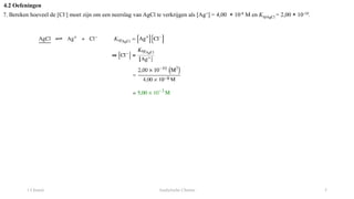 1 Chemie Analytische Chemie 5
4.2 Oefeningen
7. Bereken hoeveel de [Cl-] moet zijn om een neerslag van AgCl te verkrijgen als [Ag+] = 4,00 × 10-8 M en KspAgCl = 2,00 × 10-10.
 