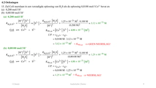 1 Chemie Analytische Chemie 9
4.2 Oefeningen
15. Zal CoS neerslaan in een verzadigde oplossing van H2S als de oplossing 0,0100 mol/l Co2+ bevat en
(a) 0,200 mol/l H+
(b) 0,00100 mol/l H+
(a) 0,200 mol/l H+
 GEEN NEERSLAG!
(b) 0,00100 mol/l H+
 NEERSLAG!
 