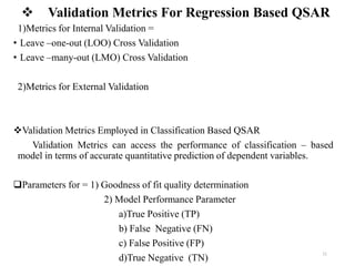  Validation Metrics For Regression Based QSAR
1)Metrics for Internal Validation =
• Leave –one-out (LOO) Cross Validation
• Leave –many-out (LMO) Cross Validation
2)Metrics for External Validation
Validation Metrics Employed in Classification Based QSAR
Validation Metrics can access the performance of classification – based
model in terms of accurate quantitative prediction of dependent variables.
Parameters for = 1) Goodness of fit quality determination
2) Model Performance Parameter
a)True Positive (TP)
b) False Negative (FN)
c) False Positive (FP)
d)True Negative (TN)
11
 