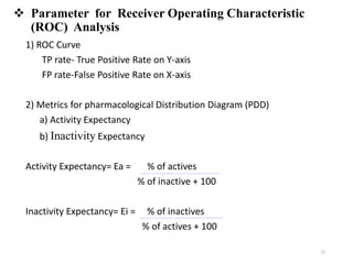  Parameter for Receiver Operating Characteristic
(ROC) Analysis
1) ROC Curve
TP rate- True Positive Rate on Y-axis
FP rate-False Positive Rate on X-axis
2) Metrics for pharmacological Distribution Diagram (PDD)
a) Activity Expectancy
b) Inactivity Expectancy
Activity Expectancy= Ea = % of actives
% of inactive + 100
Inactivity Expectancy= Ei = % of inactives
% of actives + 100
12
 
