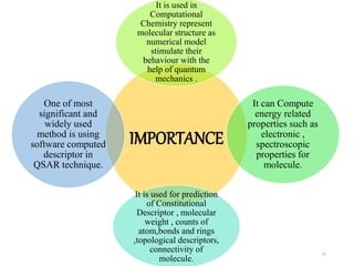 13
IMPORTANCE
It is used in
Computational
Chemistry represent
molecular structure as
numerical model
stimulate their
behaviour with the
help of quantum
mechanics .
It can Compute
energy related
properties such as
electronic ,
spectroscopic
properties for
molecule.
It is used for prediction
of Constitutional
Descriptor , molecular
weight , counts of
atom,bonds and rings
,topological descriptors,
connectivity of
molecule.
One of most
significant and
widely used
method is using
software computed
descriptor in
QSAR technique.
 