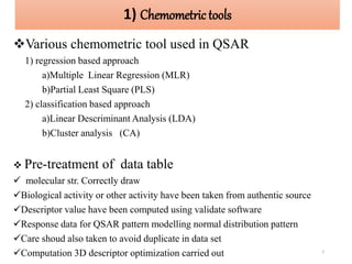 1) Chemometric tools
Various chemometric tool used in QSAR
1) regression based approach
a)Multiple Linear Regression (MLR)
b)Partial Least Square (PLS)
2) classification based approach
a)Linear Descriminant Analysis (LDA)
b)Cluster analysis (CA)
 Pre-treatment of data table
 molecular str. Correctly draw
Biological activity or other activity have been taken from authentic source
Descriptor value have been computed using validate software
Response data for QSAR pattern modelling normal distribution pattern
Care shoud also taken to avoid duplicate in data set
Computation 3D descriptor optimization carried out 5
 