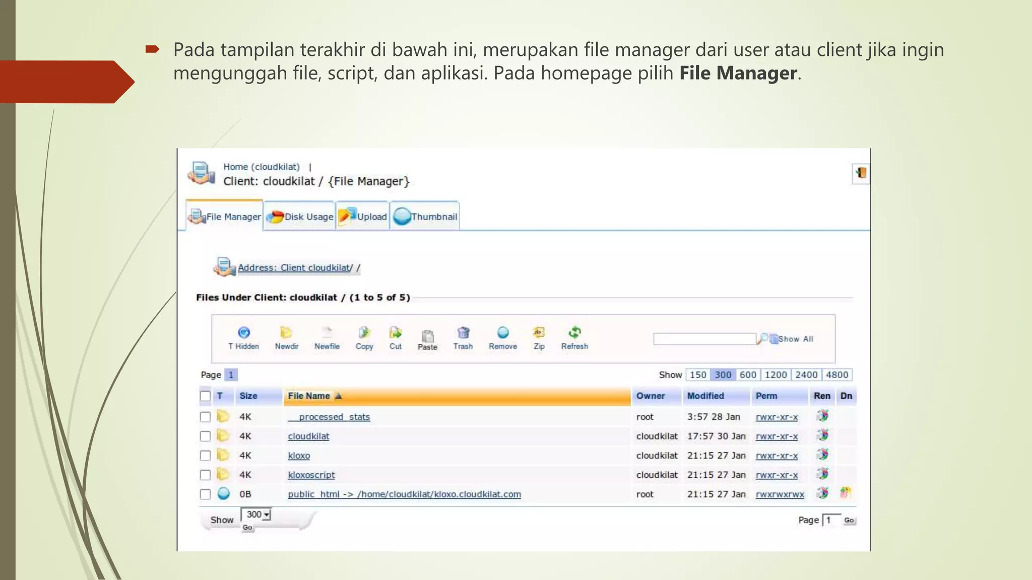  Pada tampilan terakhir di bawah ini, merupakan file manager dari user atau client jika ingin
mengunggah file, script, dan aplikasi. Pada homepage pilih File Manager.
 