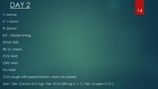 DAY 2
T: normal
P: 114/min
R: 20/min
B.P.: 100/60 mmHg
SPO2: 96%
RS: Lt. crepts
CVS: NAD
CNS: NAD
PA: NAD
C/O cough with expectoration, stool not passed
Adv.: Tab. Concor (2.5 mg), Tab. PCM 500 mg (1-1-1), Tab. Livogen (1-0-1)
14
 
