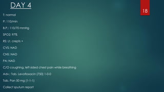 DAY 4
T: normal
P: 110/min
B.P.: 110/70 mmHg
SPO2: 97%
RS: Lt. crepts +
CVS: NAD
CNS: NAD
PA: NAD
C/O coughing, left sided chest pain while breathing
Adv.: Tab. Levofloxacin (750) 1-0-0
Tab. Pan 50 mg (1-1-1)
Collect sputum report
18
 