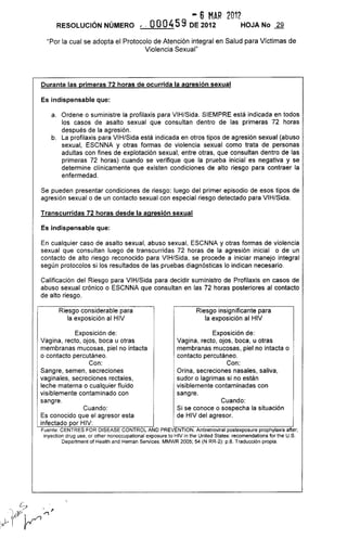 - 6 MAR 2012
RESOLUCiÓN NÚMERO ,. OO045 9 DE 2012 HOJA No .lª-
"Por la cual se adopta el Protocolo de Atención integral en Salud para Víctimas de
Violencia Sexual"
Durante las primeras 72 horas de ocurrida la agresión sexual
Es indispensable que:
a. Ordene o suministre la profilaxis para VIH/Sida. SIEMPRE está indicada en todos
los casos de asalto sexual que consultan dentro de las primeras 72 horas
después de la agresión.
b. La profilaxis para VIH/Sida está indicada en otros tipos de agresión sexual (abuso
sexual, ESCNNA y otras formas de violencia sexual como trata de personas
adultas con fines de explotación sexual, entre otras, que consultan dentro de las
primeras 72 horas) cuando se verifique que la prueba inicial es negativa y se
determine clínicamente que existen condiciones de alto riesgo para contraer la
enfermedad.
Se pueden presentar condiciones de riesgo: luego del primer episodio de esos tipos de
agresión sexual o de un contacto sexual con especial riesgo detectado para VIH/Sida.
Transcurridas 72 horas desde la agresión sexual
Es indispensable que:
En cualquier caso de asalto sexual, abuso sexual, ESCNNA y otras formas de violencia
sexual que consultan luego de transcurridas 72 horas de la agresión inicial o de un
contacto de alto riesgo reconocido para VIH/Sida, se procede a iniciar manejo integral
según protocolos si los resultados de las pruebas diagnósticas lo indican necesario.
Calificación del Riesgo para VIH/Sida para decidir suministro de Profilaxis en casos de
abuso sexual crónico o ESCNNA que consultan en las 72 horas posteriores al contacto
de alto riesgo.
Riesgo considerable para
la exposición al HIV
Exposición de:
Vagina, recto, ojos, boca u otras
membranas mucosas, piel no intacta
o contacto percutáneo.
Con:
Sangre, semen, secreciones
vaginales, secreciones rectales,
leche materna o cualquier fluido
visiblemente contaminado con
sangre.
Cuando:
Es conocido que el agresor esta
infectado por HIV:
Riesgo insignificante para
la exposición al HIV
Exposición de:
Vagina, recto, ojos, boca, u otras
membranas mucosas, piel no intacta o
contacto percutáneo.
Con:
Orina, secreciones nasales, saliva,
sudor o lagrimas si no están
visiblemente contaminadas con
sangre.
Cuando:
Si se conoce o sospecha la situación
de HIV del agresor.
Fuente: CENTRES FOR DISEASE CONTROL AND PREVENTION. Antiretroviral postexposure prophylaxis alter,
inyection drug use, or other nonoccupational exposure to HIV in the United States: recomendations lor the U.S.
Department 01 Health and Heman Services. MMWR 2005; 54 (N RR-2): p.B. Traducción propia.
 