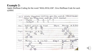 Example 2:
Apply Huffman Coding for the word ‘MALAYALAM’. Give Huffman Code for each
symbol.
 