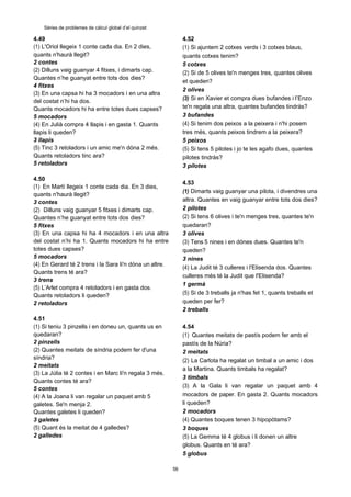 5 globus
56
Sèries de problemes de càlcul global d’el quinzet
4.49
(1) L'Oriol llegeix 1 conte cada dia. En 2 dies,
quants n'haurà llegit?
2 contes
(2) Dilluns vaig guanyar 4 fitxes, i dimarts cap.
Quantes n’he guanyat entre tots dos dies?
4 fitxes
(3) En una capsa hi ha 3 mocadors i en una altra
del costat n’hi ha dos.
Quants mocadors hi ha entre totes dues capses?
5 mocadors
(4) En Julià compra 4 llapis i en gasta 1. Quants
llapis li queden?
3 llapis
(5) Tinc 3 retoladors i un amic me'n dóna 2 més.
Quants retoladors tinc ara?
5 retoladors
4.50
(1) En Martí llegeix 1 conte cada dia. En 3 dies,
quants n'haurà llegit?
3 contes
(2) Dilluns vaig guanyar 5 fitxes i dimarts cap.
Quantes n’he guanyat entre tots dos dies?
5 fitxes
(3) En una capsa hi ha 4 mocadors i en una altra
del costat n’hi ha 1. Quants mocadors hi ha entre
totes dues capses?
5 mocadors
(4) En Gerard té 2 trens i la Sara li'n dóna un altre.
Quants trens té ara?
3 trens
(5) L’Arlet compra 4 retoladors i en gasta dos.
Quants retoladors li queden?
2 retoladors
4.51
(1) Si teniu 3 pinzells i en doneu un, quants us en
quedaran?
2 pinzells
(2) Quantes meitats de síndria podem fer d'una
síndria?
2 meitats
(3) La Júlia té 2 contes i en Marc li'n regala 3 més.
Quants contes té ara?
5 contes
(4) A la Joana li van regalar un paquet amb 5
galetes. Se'n menja 2.
Quantes galetes li queden?
3 galetes
(5) Quant és la meitat de 4 galledes?
2 galledes
4.52
(1) Si ajuntem 2 cotxes verds i 3 cotxes blaus,
quants cotxes tenim?
5 cotxes
(2) Si de 5 olives te'n menges tres, quantes olives
et queden?
2 olives
(3) Si en Xavier et compra dues bufandes i l’Enzo
te'n regala una altra, quantes bufandes tindràs?
3 bufandes
(4) Si tenim dos peixos a la peixera i n'hi posem
tres més, quants peixos tindrem a la peixera?
5 peixos
(5) Si tens 5 pilotes i jo te les agafo dues, quantes
pilotes tindràs?
3 pilotes
4.53
(1) Dimarts vaig guanyar una pilota, i divendres una
altra. Quantes en vaig guanyar entre tots dos dies?
2 pilotes
(2) Si tens 6 olives i te'n menges tres, quantes te'n
quedaran?
3 olives
(3) Tens 5 nines i en dónes dues. Quantes te'n
queden?
3 nines
(4) La Judit té 3 culleres i l'Elisenda dos. Quantes
culleres més té la Judit que l'Elisenda?
1 germà
(5) Si de 3 treballs ja n'has fet 1, quants treballs et
queden per fer?
2 treballs
4.54
(1) Quantes meitats de pastís podem fer amb el
pastís de la Núria?
2 meitats
(2) La Carlota ha regalat un timbal a un amic i dos
a la Martina. Quants timbals ha regalat?
3 timbals
(3) A la Gala li van regalar un paquet amb 4
mocadors de paper. En gasta 2. Quants mocadors
li queden?
2 mocadors
(4) Quantes boques tenen 3 hipopòtams?
3 boques
(5) La Gemma té 4 globus i li donen un altre
globus. Quants en té ara?
 