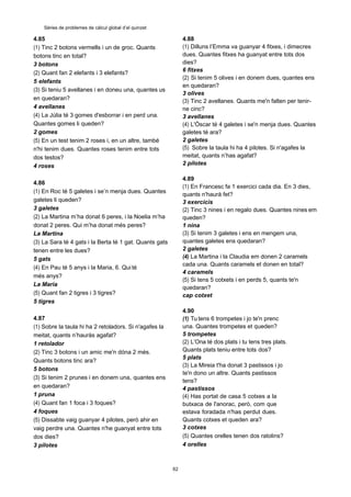 62
Sèries de problemes de càlcul global d’el quinzet
4.85
(1) Tinc 2 botons vermells i un de groc. Quants
botons tinc en total?
3 botons
(2) Quant fan 2 elefants i 3 elefants?
5 elefants
(3) Si teniu 5 avellanes i en doneu una, quantes us
en quedaran?
4 avellanes
(4) La Júlia té 3 gomes d'esborrar i en perd una.
Quantes gomes li queden?
2 gomes
(5) En un test tenim 2 roses i, en un altre, també
n'hi tenim dues. Quantes roses tenim entre tots
dos testos?
4 roses
4.86
(1) En Roc té 5 galetes i se’n menja dues. Quantes
galetes li queden?
3 galetes
(2) La Martina m’ha donat 6 peres, i la Noelia m’ha
donat 2 peres. Qui m’ha donat més peres?
La Martina
(3) La Sara té 4 gats i la Berta té 1 gat. Quants gats
tenen entre les dues?
5 gats
(4) En Pau té 5 anys i la Maria, 6. Qui té
més anys?
La Maria
(5) Quant fan 2 tigres i 3 tigres?
5 tigres
4.87
(1) Sobre la taula hi ha 2 retoladors. Si n'agafes la
meitat, quants n’hauràs agafat?
1 retolador
(2) Tinc 3 botons i un amic me'n dóna 2 més.
Quants botons tinc ara?
5 botons
(3) Si tenim 2 prunes i en donem una, quantes ens
en quedaran?
1 pruna
(4) Quant fan 1 foca i 3 foques?
4 foques
(5) Dissabte vaig guanyar 4 pilotes, però ahir en
vaig perdre una. Quantes n'he guanyat entre tots
dos dies?
3 pilotes
4.88
(1) Dilluns l’Emma va guanyar 4 fitxes, i dimecres
dues. Quantes fitxes ha guanyat entre tots dos
dies?
6 fitxes
(2) Si tenim 5 olives i en donem dues, quantes ens
en quedaran?
3 olives
(3) Tinc 2 avellanes. Quants me'n falten per tenir-
ne cinc?
3 avellanes
(4) L'Òscar té 4 galetes i se'n menja dues. Quantes
galetes té ara?
2 galetes
(5) Sobre la taula hi ha 4 pilotes. Si n'agafes la
meitat, quants n’has agafat?
2 pilotes
4.89
(1) En Francesc fa 1 exercici cada dia. En 3 dies,
quants n'haurà fet?
3 exercicis
(2) Tinc 3 nines i en regalo dues. Quantes nines em
queden?
1 nina
(3) Si tenim 3 galetes i ens en mengem una,
quantes galetes ens quedaran?
2 galetes
(4) La Martina i la Claudia em donen 2 caramels
cada una. Quants caramels et donen en total?
4 caramels
(5) Si tens 5 cotxets i en perds 5, quants te'n
quedaran?
cap cotxet
4.90
(1) Tu tens 6 trompetes i jo te'n prenc
una. Quantes trompetes et queden?
5 trompetes
(2) L’Ona té dos plats i tu tens tres plats.
Quants plats teniu entre tots dos?
5 plats
(3) La Mireia t'ha donat 3 pastissos i jo
te'n dono un altre. Quants pastissos
tens?
4 pastissos
(4) Has portat de casa 5 cotxes a la
butxaca de l'anorac, però, com que
estava foradada n'has perdut dues.
Quants cotxes et queden ara?
3 cotxes
(5) Quantes orelles tenen dos ratolins?
4 orelles
 