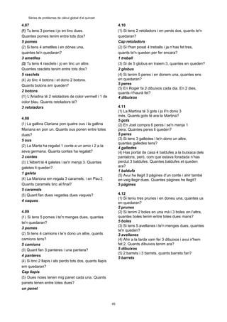 un panet
49
Sèries de problemes de càlcul global d’el quinzet
4.07
(1) Tu tens 3 pomes i jo en tinc dues.
Quantes pomes tenim entre tots dos?
5 pomes
(2) Si tens 4 ametlles i en dónes una,
quantes te'n quedaran?
3 ametlles
(3) Tu tens 4 rasclets i jo en tinc un altre.
Quantes rasclets tenim entre tots dos?
5 rasclets
(4) Jo tinc 4 botons i et dono 2 botons.
Quants botons em queden?
2 botons
(1) L’Ariadna té 2 retoladors de color vermell i 1 de
color blau. Quants retoladors té?
3 retoladors
4.08
(1) La gallina Clariana pon quatre ous i la gallina
Mariana en pon un. Quants ous ponen entre totes
dues?
5 ous
(2) La Marta ha regalat 1 conte a un amic i 2 a la
seva germana. Quants contes ha regalat?
3 contes
(3) L'Albert té 4 galetes i se'n menja 3. Quantes
galetes li queden?
1 galeta
(4) La Mariona em regala 3 caramels, i en Pau 2.
Quants caramels tinc al final?
5 caramels
(5) Quant fan dues vegades dues vaques?
4 vaques
4.09
(1) Si tens 5 pomes i te'n menges dues, quantes
te'n quedaran?
3 pomes
(2) Si tens 4 camions i te’n dono un altre, quants
camions tens?
5 camions
(3) Quant fan 3 panteres i una pantera?
4 panteres
(4) Si tinc 2 llapis i els perdo tots dos, quants llapis
em quedaran?
Cap llapis
(5) Dues noies tenen mig panet cada una. Quants
panets tenen entre totes dues?
4.10
(1) Si tens 2 retoladors i en perds dos, quants te'n
quedaran?
Cap retoladors
(2) Si t'han posat 4 treballs i ja n’has fet tres,
quants te'n queden per fer encara?
1 treball
(3) Si de 5 globus en traiem 3, quantes en queden?
2 globus
(4) Si tenim 5 peres i en donem una, quantes ens
en quedaran?
5 peres
(5) En Roger fa 2 dibuixos cada dia. En 2 dies,
quants n'haurà fet?
4 dibuixos
4.11
(1) La Martina té 3 gots i jo li'n dono 3
més. Quants gots té ara la Martina?
5 gots
(2) En Joel compra 6 peres i se'n menja 1
pera. Quantes peres li queden?
5 peres
(3) Si tens 3 galledes i te'n dono un altre,
quantes galledes tens?
4 galledes
(4) Has portat de casa 4 baldufes a la butxaca dels
pantalons, però, com que estava foradada n’has
perdut 3 baldufes. Quantes baldufes et queden
ara?
1 baldufa
(5) Avui he llegit 3 pàgines d’un conte i ahir també
en vaig llegir dues. Quantes pàgines he llegit?
5 pàgines
4.12
(1) Si teniu tres prunes i en doneu una, quantes us
en quedaran?
2 prunes
(2) Si tenim 2 boles en una mà i 3 boles en l’altra,
quantes boles tenim entre totes dues mans?
5 boles
(3) Si tens 5 avellanes i te'n menges dues, quantes
te'n queden?
3 avellanes
(4) Ahir a la tarda vam fer 3 dibuixos i avui n'hem
fet 2. Quants dibuixos tenim ara?
5 dibuixos
(5) 2 barrets i 3 barrets, quants barrets fan?
5 barrets
 