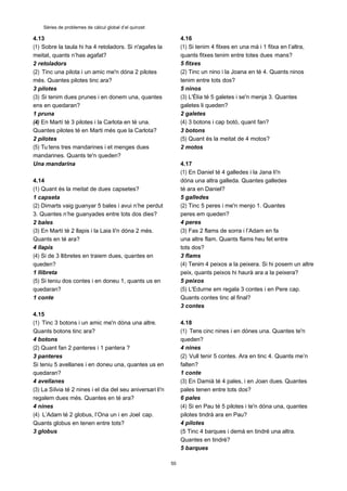 50
Sèries de problemes de càlcul global d’el quinzet
4.13
(1) Sobre la taula hi ha 4 retoladors. Si n'agafes la
meitat, quants n’has agafat?
2 retoladors
(2) Tinc una pilota i un amic me'n dóna 2 pilotes
més. Quantes pilotes tinc ara?
3 pilotes
(3) Si tenim dues prunes i en donem una, quantes
ens en quedaran?
1 pruna
(4) En Martí té 3 pilotes i la Carlota en té una.
Quantes pilotes té en Marti més que la Carlota?
2 pilotes
(5) Tu tens tres mandarines i et menges dues
mandarines. Quants te'n queden?
Una mandarina
4.14
(1) Quant és la meitat de dues capsetes?
1 capseta
(2) Dimarts vaig guanyar 5 bales i avui n’he perdut
3. Quantes n’he guanyades entre tots dos dies?
2 bales
(3) En Martí té 2 llapis i la Laia li'n dóna 2 més.
Quants en té ara?
4 llapis
(4) Si de 3 llibretes en traiem dues, quantes en
queden?
1 llibreta
(5) Si teniu dos contes i en doneu 1, quants us en
quedaran?
1 conte
4.15
(1) Tinc 3 botons i un amic me'n dóna una altre.
Quants botons tinc ara?
4 botons
(2) Quant fan 2 panteres i 1 pantera ?
3 panteres
Si teniu 5 avellanes i en doneu una, quantes us en
quedaran?
4 avellanes
(3) La Sílvia té 2 nines i el dia del seu aniversari li'n
regalem dues més. Quantes en té ara?
4 nines
(4) L’Adam té 2 globus, l’Ona un i en Joel cap.
Quants globus en tenen entre tots?
3 globus
4.16
(1) Si tenim 4 fitxes en una mà i 1 fitxa en l’altra,
quants fitxes tenim entre totes dues mans?
5 fitxes
(2) Tinc un nino i la Joana en té 4. Quants ninos
tenim entre tots dos?
5 ninos
(3) L'Èlia té 5 galetes i se'n menja 3. Quantes
galetes li queden?
2 galetes
(4) 3 botons i cap botó, quant fan?
3 botons
(5) Quant és la meitat de 4 motos?
2 motos
4.17
(1) En Daniel té 4 galledes i la Jana li'n
dóna una altra galleda. Quantes galledes
té ara en Daniel?
5 galledes
(2) Tinc 5 peres i me'n menjo 1. Quantes
peres em queden?
4 peres
(3) Fas 2 flams de sorra i l’Adam en fa
una altre flam. Quants flams heu fet entre
tots dos?
3 flams
(4) Tenim 4 peixos a la peixera. Si hi posem un altre
peix, quants peixos hi haurà ara a la peixera?
5 peixos
(5) L'Edurne em regala 3 contes i en Pere cap.
Quants contes tinc al final?
3 contes
4.18
(1) Tens cinc nines i en dónes una. Quantes te'n
queden?
4 nines
(2) Vull tenir 5 contes. Ara en tinc 4. Quants me’n
falten?
1 conte
(3) En Damià té 4 pales, i en Joan dues. Quantes
pales tenen entre tots dos?
6 pales
(4) Si en Pau té 5 pilotes i te'n dóna una, quantes
pilotes tindrà ara en Pau?
4 pilotes
(5 Tinc 4 barques i demà en tindré una altra.
Quantes en tindré?
5 barques
 