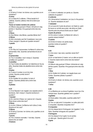 53
Sèries de problemes de càlcul global d’el quinzet
4.31
(1) Si teniu 5 nines i en doneu una, quantes us en
quedaran?
4 nines
(2) La Zaira té 2 culleres, i l'Aina també té 2
culleres. Quants culleres més té la Zaira que
l'Aina ?
Tenen el mateix nombre de culleres
(3) Dilluns vaig guanyar 4 fitxes i dimarts en vaig
perdre 2. Quantes n’he guanyat entre tots dos
dies?
2 fitxes
(4) Dos llibres i dos llibres, quantes llibres fan?
4 llibres
(5) Ahir a la tarda vam fer 5 pastissos i avui ens
n’hem menjat 4. Quants en queden encara?
1 pastís
4.32
(1) En Roc té 2 samarretes i la Maria li’n dóna tres
samarretes més. Quantes samarretes té ara en
Roc?
5 samarretes
(2) Tinc 4 ametlles i me’n menjo 2. Quantes
ametlles em queden?
2 ametlles
(3) Fas 5 boles de plastilina i la Valentina en fauna
altra. Quantes boles de plastilina teniu entre tots
dos?
6 boles
(4) Tu tens 2 contes i jo en tinc tres
contes. Quants contes tenim?
5 contes
(5) En Guillem té una pilota i tu tens 4
pilotes. Quantes pilotes teniu entre tots
dos?
5 pilotes
4.33
(1) A la Clàudia li van regalar una capseta amb 5
bombons. Se'n menja 4. Quants bombons li
queden?
1 bombó
(2) En Jordi té 2 fitxes i en Joel en té 3. Quants
fitxes tenen entre tots dos?
5 fitxes
(3) Jo tinc 3 llibres i la Marina me'n dóna 2 més.
Quants en tinc ara?
5 llibres
(4) Si teniu 2 prunes i en doneu una, quantes us en
quedaran?
1 pruna
(5) Tinc 3 botons vermells i 1 de blau. Quants
botons tinc en total?
4 botons
4.34
(1) Tu tens 4 collarets i en perds un. Quants
collarets et queden?
2 collarets
(2) L’Anna tenia 2 retoladors i en Lluc li n'ha perdut
un. Quants retoladors té ara?
1 retolador
(3) La Laura té 3 pots de pintura i en Gael un, però
la Laura no vol els seus pots i els dóna en Gael.
Quants pots de pintura tindrà ara en Gael?
4 pots de pintura
(4) Si tu tens 2 cotxes i la Marta te'n dóna 3,
quants cotxes tindràs?
5 cotxes
(5) Si tens 6 motos i en perds dues,
quantes motos et queden?
4 motos
4.35
(1) Una vaca i cap vaca, quantes vacas fan?
1 vaca
(2) En un test tenim 2 rosers i en un altre en tenim
3. Quants rosers tenim entre tots dos testos?
5 roses
(3) Dilluns vaig guanyar 5 fitxes i dimecres en vaig
perdre quatre. Quantes n'he guanyat entre tots dos
dies?
1 fitxa
(4) En Gullem té 3 pilotes i en regala dues a en
Carles. Quantes pilotes li queden?
1 pilota
(5) Si teniu 2 olives i en doneu una, quantes us en
quedaran?
1 oliva
4.36
(1) La Martina em va donar 6 galetes i avui me n’he
menjat dues. Quantes galetes me’n queden?
4 galetes
(2) Dues pales i tres pales, quantes pales fan?
5 pales
(3) Tinc un plat amb 3 croquetes i un altre plat amb
2 croquetes. Quantes croquetes tinc?
5 croquetes
(4) A la classe tenim 6 tortugues i en regalem 1 a la
Sara. Quantes tortugues ens queden?
5 tortugues
(5) A la classe hi ha 3 gots i tu en portes
un altre got . Quants gots hi ha ara?
5 gots
 