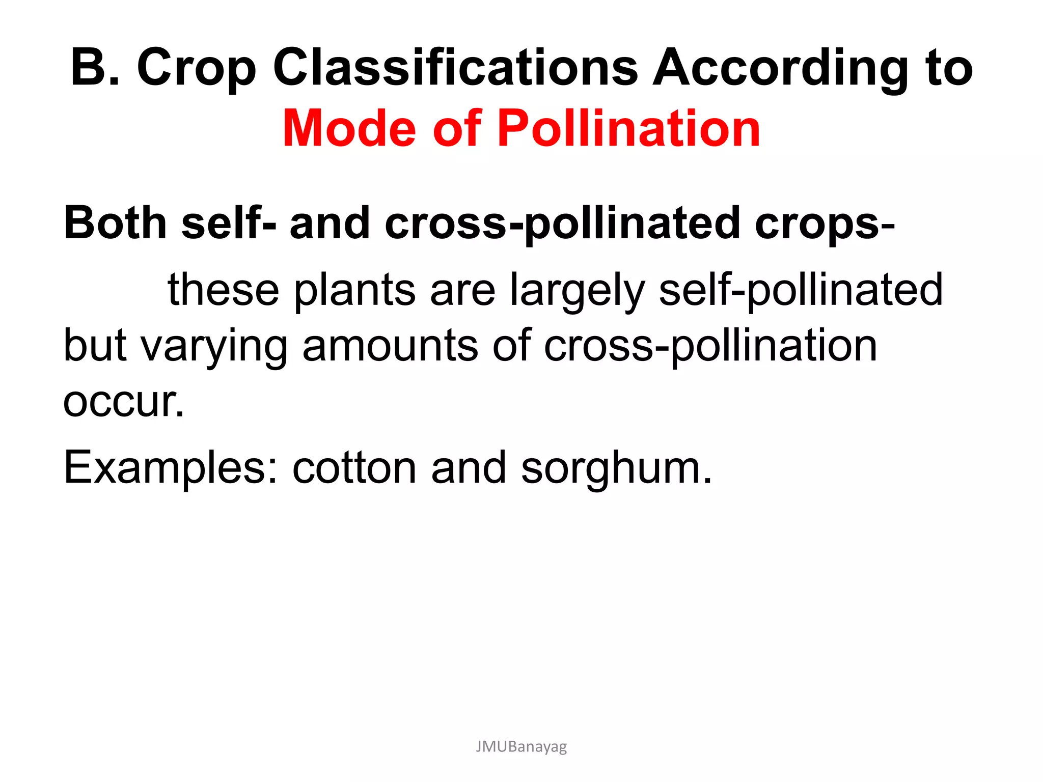 B. Crop Classifications According to
Mode of Pollination
Both self- and cross-pollinated crops-
these plants are largely self-pollinated
but varying amounts of cross-pollination
occur.
Examples: cotton and sorghum.
JMUBanayag
 