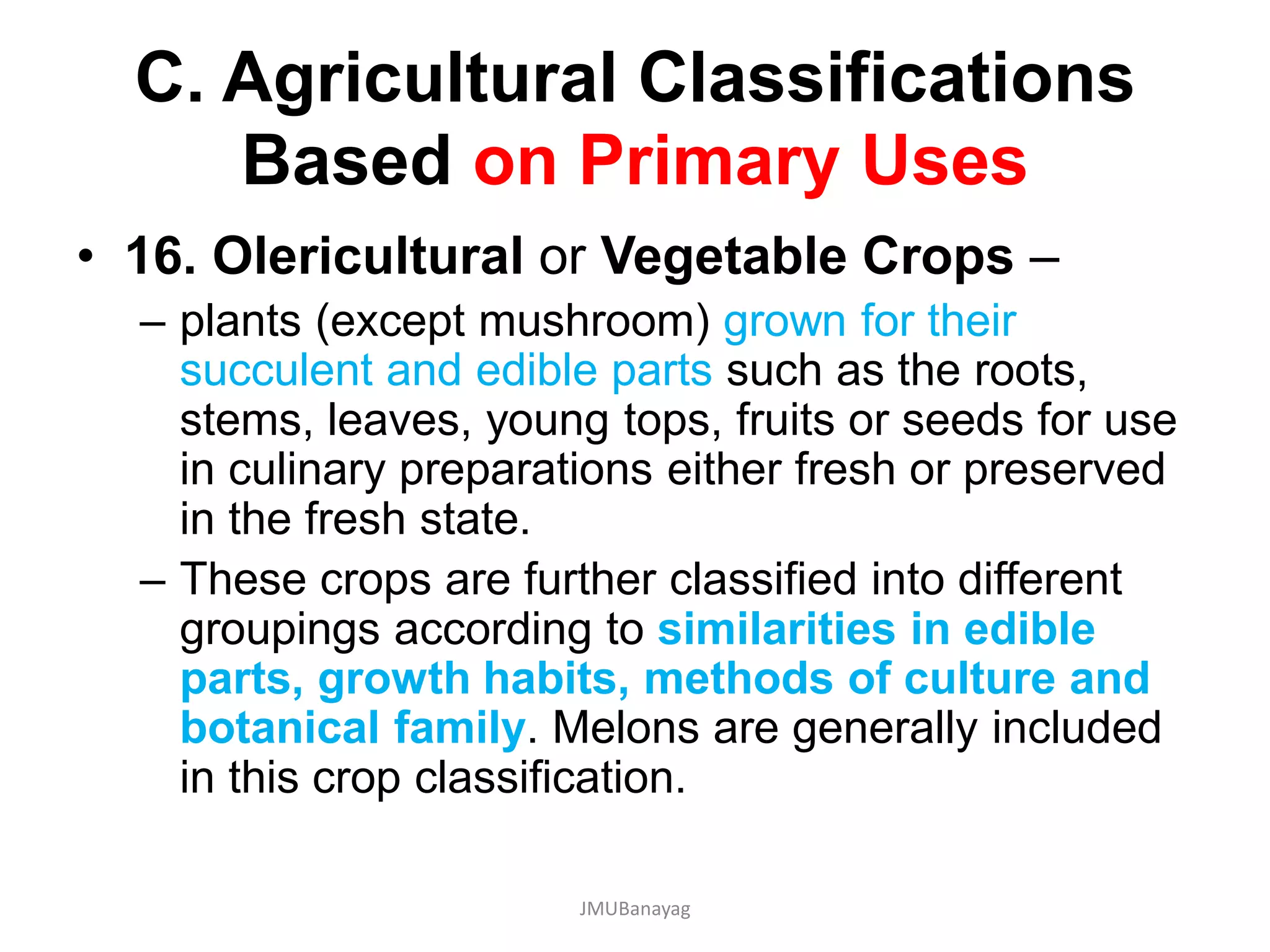 C. Agricultural Classifications
Based on Primary Uses
• 16. Olericultural or Vegetable Crops –
– plants (except mushroom) grown for their
succulent and edible parts such as the roots,
stems, leaves, young tops, fruits or seeds for use
in culinary preparations either fresh or preserved
in the fresh state.
– These crops are further classified into different
groupings according to similarities in edible
parts, growth habits, methods of culture and
botanical family. Melons are generally included
in this crop classification.
JMUBanayag
 