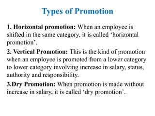 Types of Promotion
1. Horizontal promotion: When an employee is
shifted in the same category, it is called ‘horizontal
promotion’.
2. Vertical Promotion: This is the kind of promotion
when an employee is promoted from a lower category
to lower category involving increase in salary, status,
authority and responsibility.
3.Dry Promotion: When promotion is made without
increase in salary, it is called ‘dry promotion’.
 