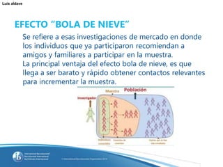 Luis aldave
EFECTO “BOLA DE NIEVE”
Se refiere a esas investigaciones de mercado en donde
los individuos que ya participaron recomiendan a
amigos y familiares a participar en la muestra.
La principal ventaja del efecto bola de nieve, es que
llega a ser barato y rápido obtener contactos relevantes
para incrementar la muestra.
 