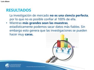 Luis aldave
RESULTADOS
La investigación de mercado no es una ciencia perfecta,
por lo que no es posible confiar al 100% de ella.
• Mientras más grandes sean las muestras,
estadísticamente podemos sacar datos más fiables. Sin
embargo esto genera que las investigaciones se pueden
hacer muy caras.
 
