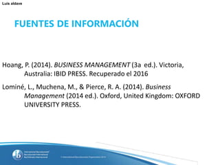 Luis aldave
FUENTES DE INFORMACIÓN
Hoang, P. (2014). BUSINESS MANAGEMENT (3a ed.). Victoria,
Australia: IBID PRESS. Recuperado el 2016
Lominé, L., Muchena, M., & Pierce, R. A. (2014). Business
Management (2014 ed.). Oxford, United Kingdom: OXFORD
UNIVERSITY PRESS.
 