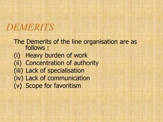 DEMERITS
The Demerits of the line organisation are as
follows :
(i) Heavy burden of work
(ii) Concentration of authority
(iii) Lack of specialisation
(iv) Lack of communication
(v) Scope for favoritism
 