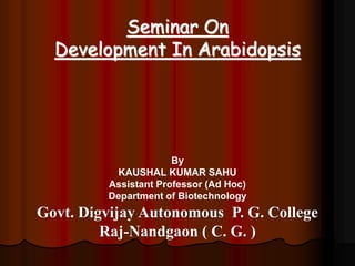 Seminar On
Development In Arabidopsis
By
KAUSHAL KUMAR SAHU
Assistant Professor (Ad Hoc)
Department of Biotechnology
Govt. Digvijay Autonomous P. G. College
Raj-Nandgaon ( C. G. )
 