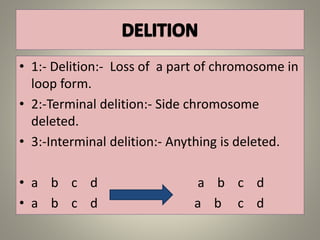 • 1:- Delition:- Loss of a part of chromosome in
loop form.
• 2:-Terminal delition:- Side chromosome
deleted.
• 3:-Interminal delition:- Anything is deleted.
• a b c d a b c d
• a b c d a b c d
 