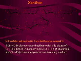 Xanthan
Extracellular polysaccharide from Xanthomonas campestris
b-(14)-D-glucopyranose backbone with side chains of -
(31)-a-linked D-mannopyranose-(21)-b-D-glucuronic
acid-(41)-b-D-mannopyranose on alternating residues
 