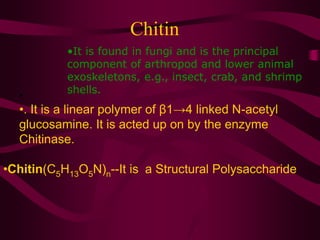 Chitin
•
•. It is a linear polymer of β1→4 linked N-acetyl
glucosamine. It is acted up on by the enzyme
Chitinase.
•Chitin(C5H13O5N)n--It is a Structural Polysaccharide
•It is found in fungi and is the principal
component of arthropod and lower animal
exoskeletons, e.g., insect, crab, and shrimp
shells.
 