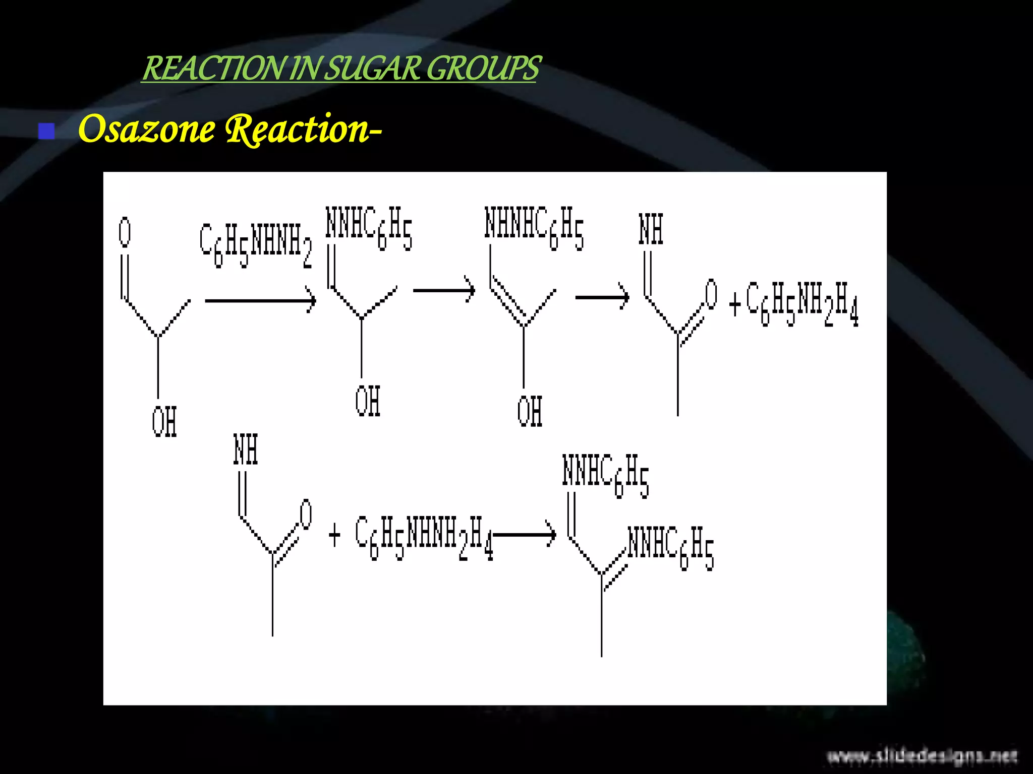REACTIONINSUGARGROUPS
 Osazone Reaction-
 