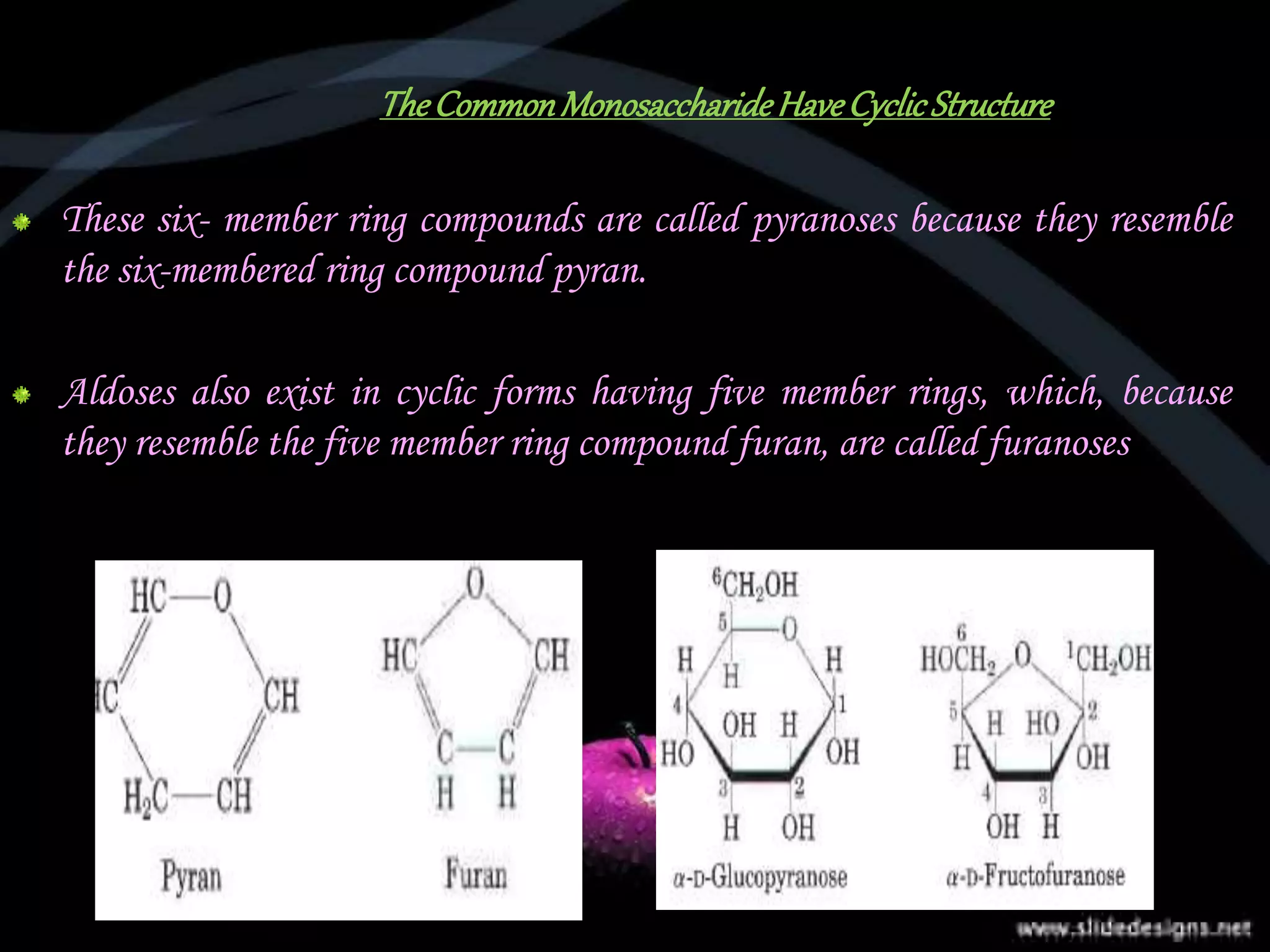 TheCommonMonosaccharideHaveCyclicStructure
These six- member ring compounds are called pyranoses because they resemble
the six-membered ring compound pyran.
Aldoses also exist in cyclic forms having five member rings, which, because
they resemble the five member ring compound furan, are called furanoses
 