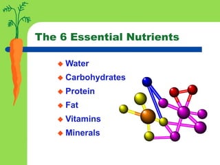 The 6 Essential Nutrients
 Water
 Carbohydrates
 Protein
 Fat
 Vitamins
 Minerals
 