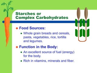 Starches or
Complex Carbohydrates
 Food Sources:
 Whole grain breads and cereals,
pasta, vegetables, rice, tortilla
and legumes.
 Function in the Body:
 An excellent source of fuel (energy)
for the body.
 Rich in vitamins, minerals and fiber.
 