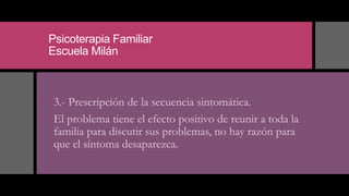 Psicoterapia Familiar
Escuela Milán
3.- Prescripción de la secuencia sintomática.
El problema tiene el efecto positivo de reunir a toda la
familia para discutir sus problemas, no hay razón para
que el síntoma desaparezca.
 