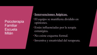 Psicoterapia
Familiar
Escuela
Milán
Intervenciones Atípicas.
El equipo se manifiesta dividido en
opiniones.
Están influenciadas por la terapia
estratégica.
No existe esquema formal.
Inventiva y creatividad del terapeuta.
 