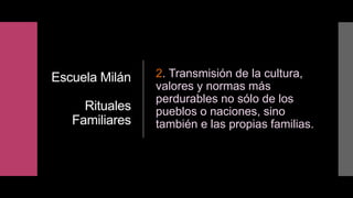Escuela Milán
Rituales
Familiares
2. Transmisión de la cultura,
valores y normas más
perdurables no sólo de los
pueblos o naciones, sino
también e las propias familias.
 