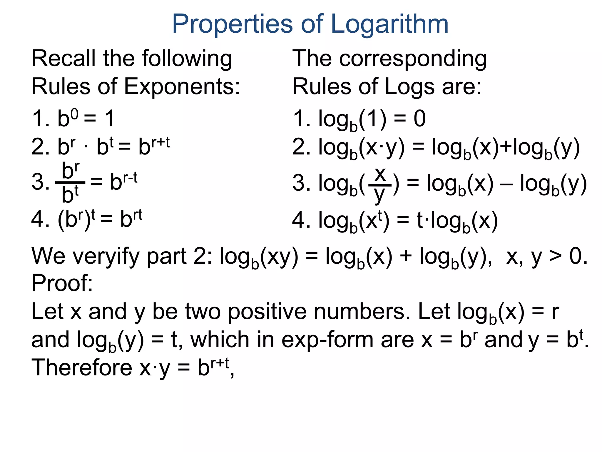 1. logb(1) = 0
2. logb(x·y) = logb(x)+logb(y)
3. logb( ) = logb(x) – logb(y)
4. logb(xt) = t·logb(x)
x
y
1. b0 = 1
2. br · bt = br+t
3. = br-t
4. (br)t = brt
bt
br
Properties of Logarithm
Recall the following
Rules of Exponents:
The corresponding
Rules of Logs are:
We veryify part 2: logb(xy) = logb(x) + logb(y), x, y > 0.
Proof:
Let x and y be two positive numbers. Let logb(x) = r
and logb(y) = t, which in exp-form are x = br and y = bt.
Therefore x·y = br+t,
 